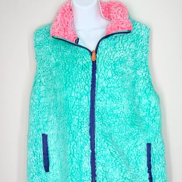 Simply Southern Jackets & Blazers - Simply Southern Womens XL Sherpa Full Zip vest Turquoise with pink collar (2009)